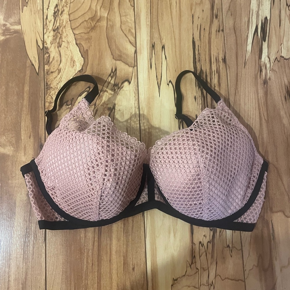 Victoria's Secret Pink Sparkle Lace plunge Push-Up Bra with Black Trim 34DD - Picture 2 of 9